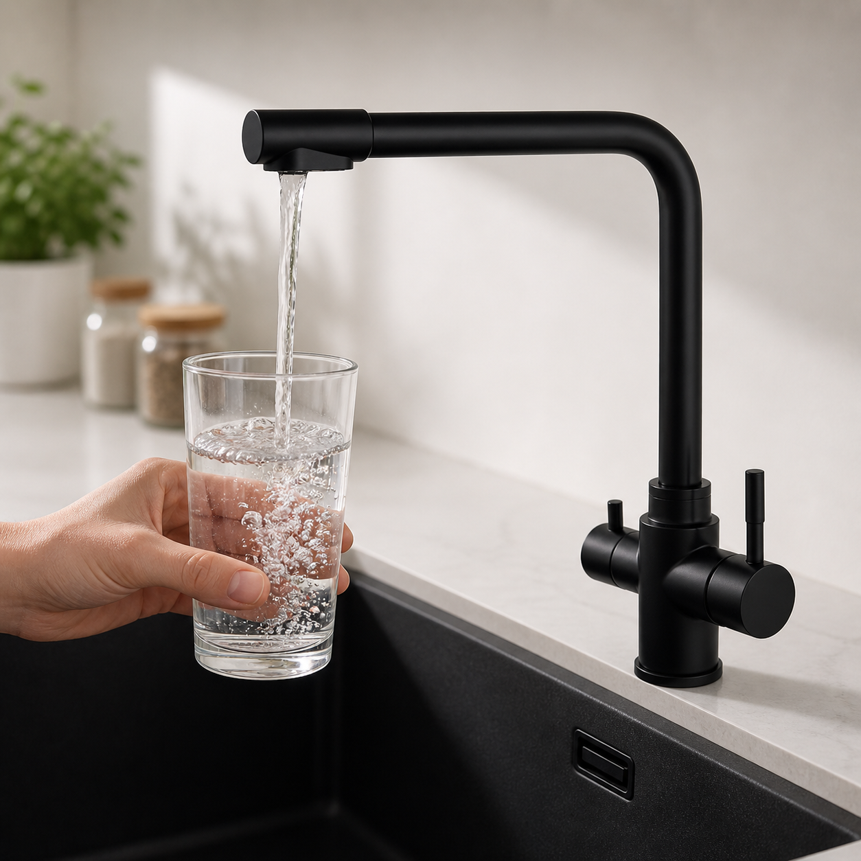 Trade Shop 3-Way Kitchen Mixer Tap – Hot, Cold & Filtered Water, 360° Swivel Spout Black