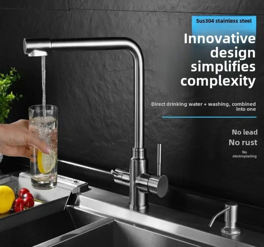 Trade Shop 3-Way Kitchen Mixer Tap – Hot, Cold & Filtered Water, 360° Swivel Spout Silver